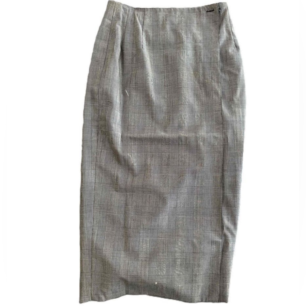 Freedberg of Boston Wool Plaid Overlap Long Pencil Skirt Checkered Pattern